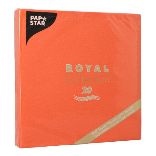 Eine Packung PAPSTAR 20 Servietten "ROYAL Collection" 1/4-Falz 40x40 cm von PAPSTAR GmbH, mit Produktangaben in Gold auf der Premium-Tissue Verpackung.