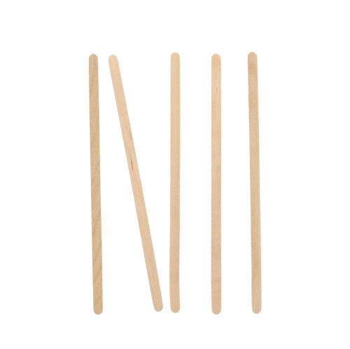 Cinque PAPSTAR bastoncini di legno "pure" (14 cm) della PAPSTAR GmbH sono disposti verticalmente su fondo bianco, con il secondo bastoncino da sinistra inclinato diagonalmente verso destra.