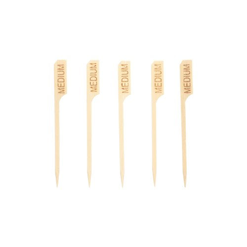 Fünf PAPSTAR 250 Steak-Marker 9 cm mit der Aufschrift „MEDIUM“, hochkant auf weißem Grund – ideal für die professionelle Fleischkennzeichnung in der Gastronomie. Marke: PAPSTAR GmbH.