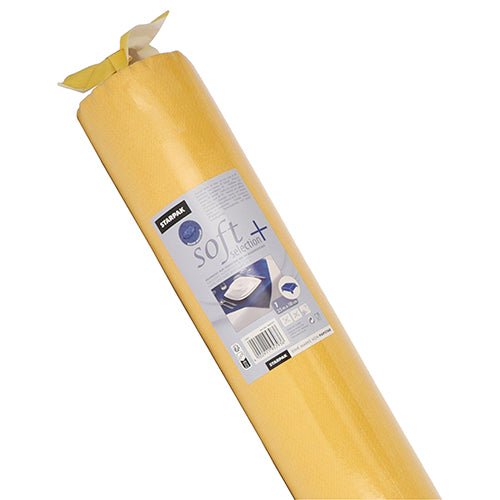 Una tovaglia Starpak arrotolata, simile al tessuto, in tessuto non tessuto "soft selection plus" con un'etichetta del prodotto con il marchio Starpak, istruzioni per l'uso e una foto che offre un comfort simile a un coprimaterasso simile al tessuto.
