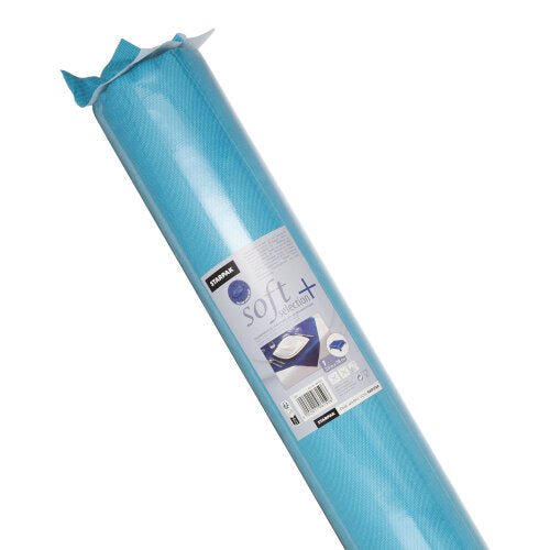 Una tovaglia blu arrotolata Starpak, simile al tessuto, Vlies "soft selection plus", in una confezione di plastica con un'etichetta con dettagli del prodotto e immagini di materassi, che indicano una qualità durevole e simile al tessuto.