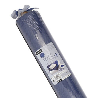 Una tovaglia arrotolata, blu simile al tessuto con un'etichetta con la scritta "Starpak", il nome "tovaglia, simile al tessuto, in tessuto non tessuto 'soft selection plus'" e l'immagine di un tavolo apparecchiato.