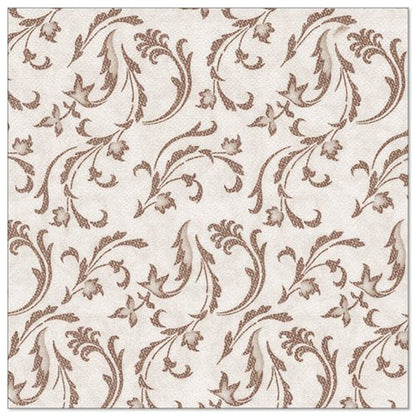 I PAPSTAR 50 tovaglioli "ROYAL Collection" 1/4 piegato 40 x 40 cm marrone della PAPSTAR GmbH presentano un motivo floreale e fogliare marrone con volute e piccoli fiori distribuiti uniformemente sulla superficie.