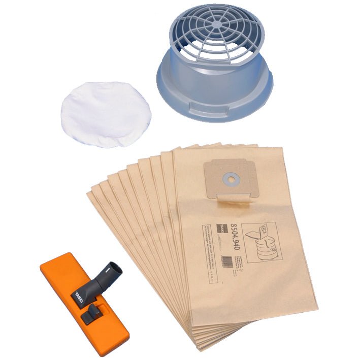 Il set di accessori per l'aspirazione a secco per vacumat 22 di Diversey contiene una spazzola universale per la polvere, un sacchetto di carta a doppio filtro, un cestello filtrante e un panno filtrante - tutto in un pacchetto (1 pezzo).
