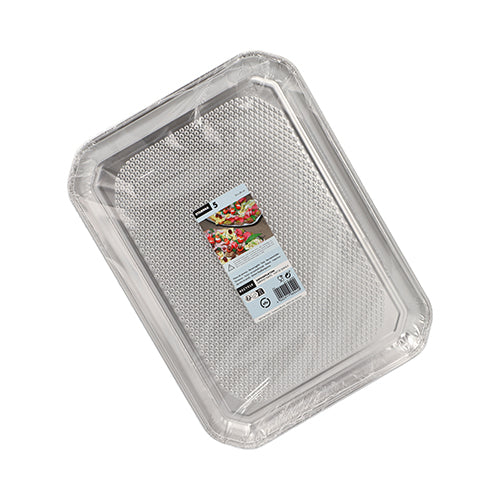 Le Starpak 5 piatti da portata, alluminio rettangolare 35 cm x 26 cm, sono vassoi monouso rettangolari in alluminio, igienicamente confezionati in pellicola termoretraibile con un'etichetta centrale con immagine alimentare, perfetti per la gastronomia professionale. (5 pezzi).