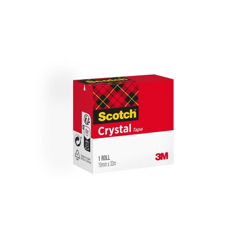 Una scatola di Scotch® Crystal Nastro adesivo di 3M Deutschland GmbH, trasparente, 1 rotolo (19 mm x 33 m), con design rosso e bianco più motivo a plaid. Simboli di riciclaggio e prodotto sul lato - ideale per forniture per ufficio.