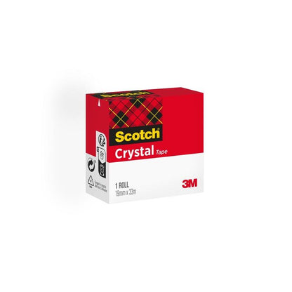 Una scatola di Scotch® Crystal Nastro adesivo di 3M Deutschland GmbH, trasparente, 1 rotolo (19 mm x 33 m), con design rosso e bianco più motivo a plaid. Simboli di riciclaggio e prodotto sul lato - ideale per forniture per ufficio.