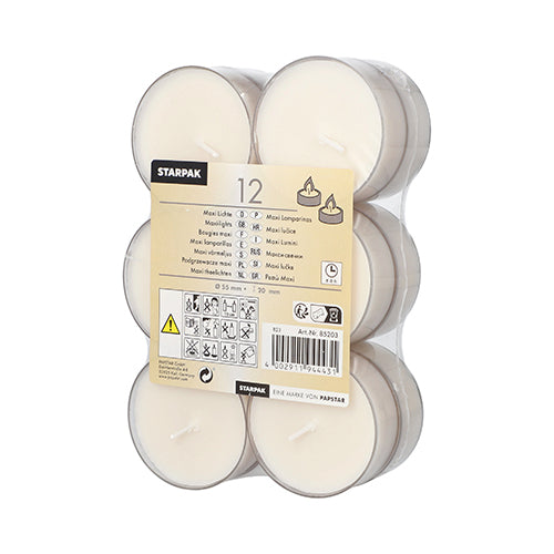 Una confezione in plastica trasparente con 12 lumini Starpak Maxi (Ø 55 mm, 20 mm, bianco) con circa 8 ore di durata della combustione, ciascuno in un portacandele in policarbonato. L'etichetta mostra marca, dettagli del prodotto, simboli di utilizzo, avvertenze di sicurezza e un codice a barre.