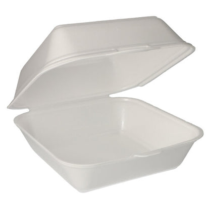 Su uno sfondo semplice è raffigurata una scatola per hamburger XXL bianca Starpak (XPS, 11x20x20 cm, laminata) con coperchio a cerniera dal set Starpak 100.
