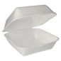 Su uno sfondo semplice è raffigurata una scatola per hamburger XXL bianca Starpak (XPS, 11x20x20 cm, laminata) con coperchio a cerniera dal set Starpak 100.