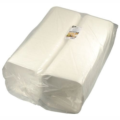 Una grande confezione XXL con 100 scatole per hamburger bianche Starpak (XPS, 11x20x20 cm, laminata) confezionate in plastica con un'etichetta superiore con informazioni sul prodotto e immagine alimentare; ideale per servire con contenitori in polistirolo espanso.
