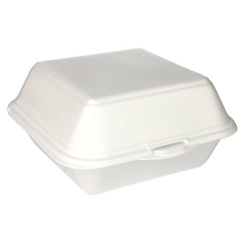Una scatola chiusa Starpak 100 per hamburger con coperchio a cerniera in XPS bianco laminato (XXL, 11x20x20 cm), mostrata singolarmente in angolo su sfondo neutro.