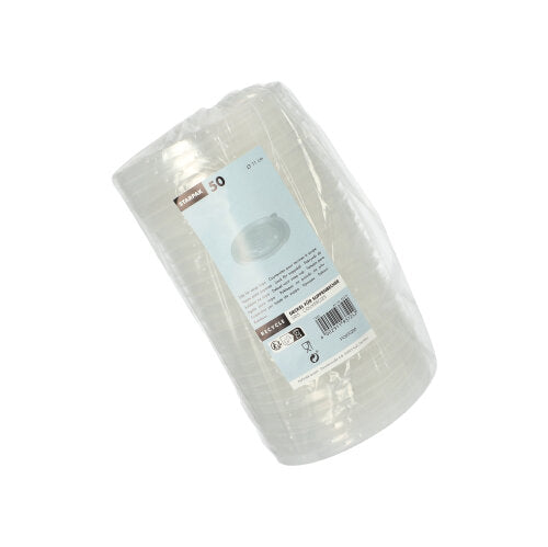 Una pila di 50 bicchieri da zuppa Starpak PP trasparenti 'To Go' (Ø 11 cm) avvolti in pellicola con un'etichetta blu-bianca con dettagli del prodotto e codice a barre assicura un utilizzo senza fuoriuscite.