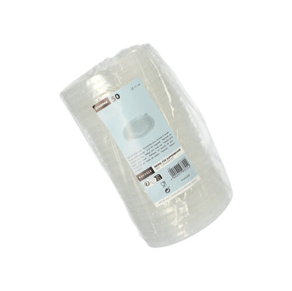 Una pila di 50 bicchieri da zuppa Starpak PP trasparenti 'To Go' (Ø 11 cm) avvolti in pellicola con un'etichetta blu-bianca con dettagli del prodotto e codice a barre assicura un utilizzo senza fuoriuscite.