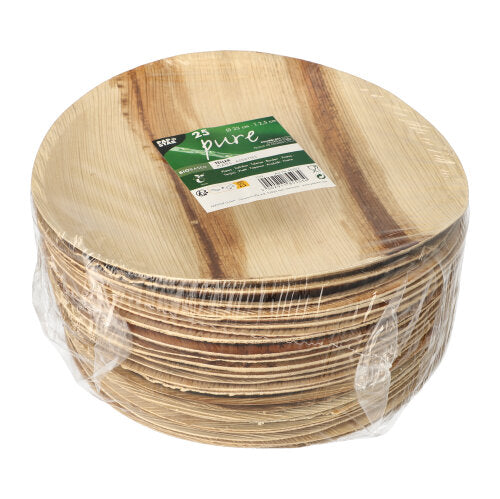 Ein Stapel PAPSTAR 25 Teller, Palmblatt „pure“ rund von der PAPSTAR GmbH, runde biologisch abbaubare Teller aus durchsichtigem Kunststoff mit grün-weißem Etikett mit Marke und Menge – perfekt als umweltfreundliches Einweggeschirr für jede Veranstaltung.