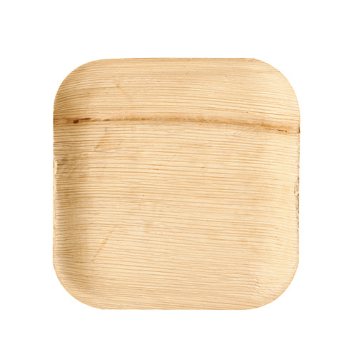 Il PAPSTAR piatto 25 in foglia di palma "pure" della PAPSTAR GmbH è un piatto quadrato, piatto, chiaro marrone in foglia di palma con angoli arrotondati e venature visibili - una scelta ecologica per occasioni speciali, raffigurato su sfondo bianco.