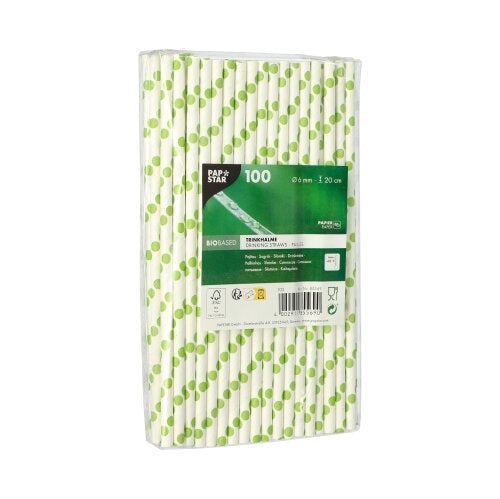 PAPSTAR GmbH PAPSTAR 100 cannucce, carta Ø 6 mm: 100 cannucce di carta ecologiche con motivo a pois verdi, confezionate singolarmente in pellicola trasparente e con etichetta verde-nera sul davanti.