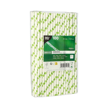 PAPSTAR GmbH PAPSTAR 100 cannucce, carta Ø 6 mm: 100 cannucce di carta ecologiche con motivo a pois verdi, confezionate singolarmente in pellicola trasparente e con etichetta verde-nera sul davanti.