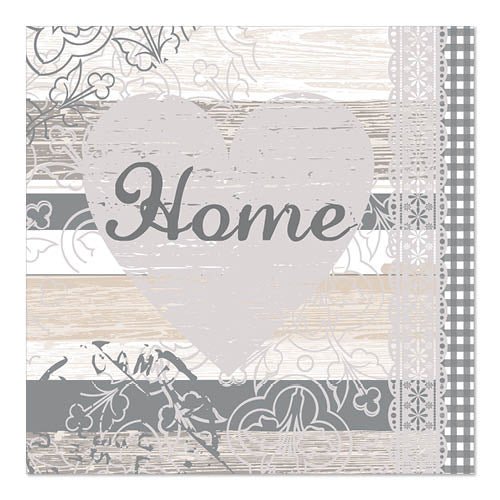 Il cartello decorativo PAPSTAR 20 tovaglioli, 33 cm x 33 cm 3 veli, Set 4 della PAPSTAR GmbH presenta un grande cuore grigio chiaro con la scritta "Home" e strisce rustiche simili al legno con eleganti motivi floreali in pizzo.