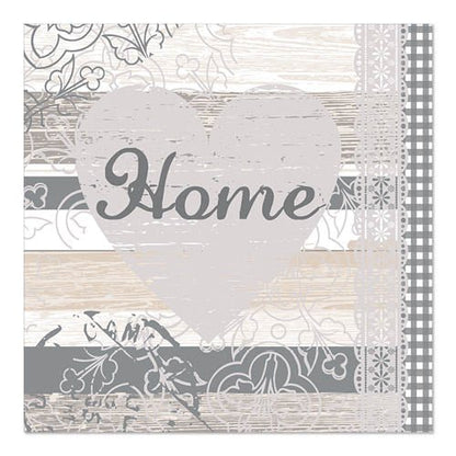 Il cartello decorativo PAPSTAR 20 tovaglioli, 33 cm x 33 cm 3 veli, Set 4 della PAPSTAR GmbH presenta un grande cuore grigio chiaro con la scritta "Home" e strisce rustiche simili al legno con eleganti motivi floreali in pizzo.