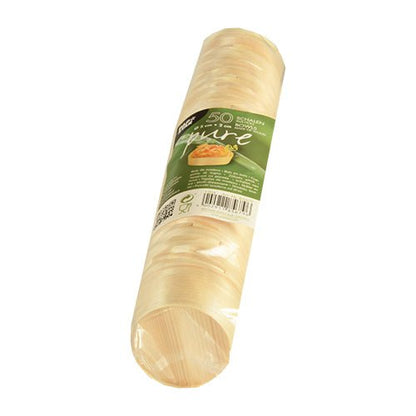 Un pacchetto di 50 ciotole finger food "pure" rotonde in legno della PAPSTAR GmbH, ecologiche ed eleganti, con etichetta verde incluse informazioni sul prodotto e motivo alimentare - ideali per un servizio elegante.