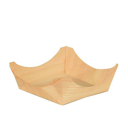 Un piccolo vassoio rotondo vuoto e chiaro di 50 ciotole finger food "pure" in legno della PAPSTAR GmbH con lati rialzati e angolati e aspetto elegante, fotografato su uno sfondo bianco semplice.