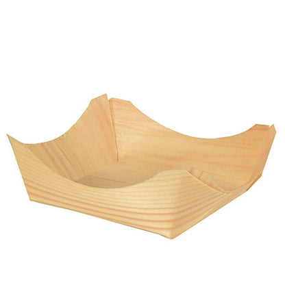 Le 50 ciotole finger food in legno "pure" rotonde della PAPSTAR GmbH si distinguono per la loro elegante venatura del legno e i bordi curvi e rialzati e sono raffigurate vuote su uno sfondo bianco.