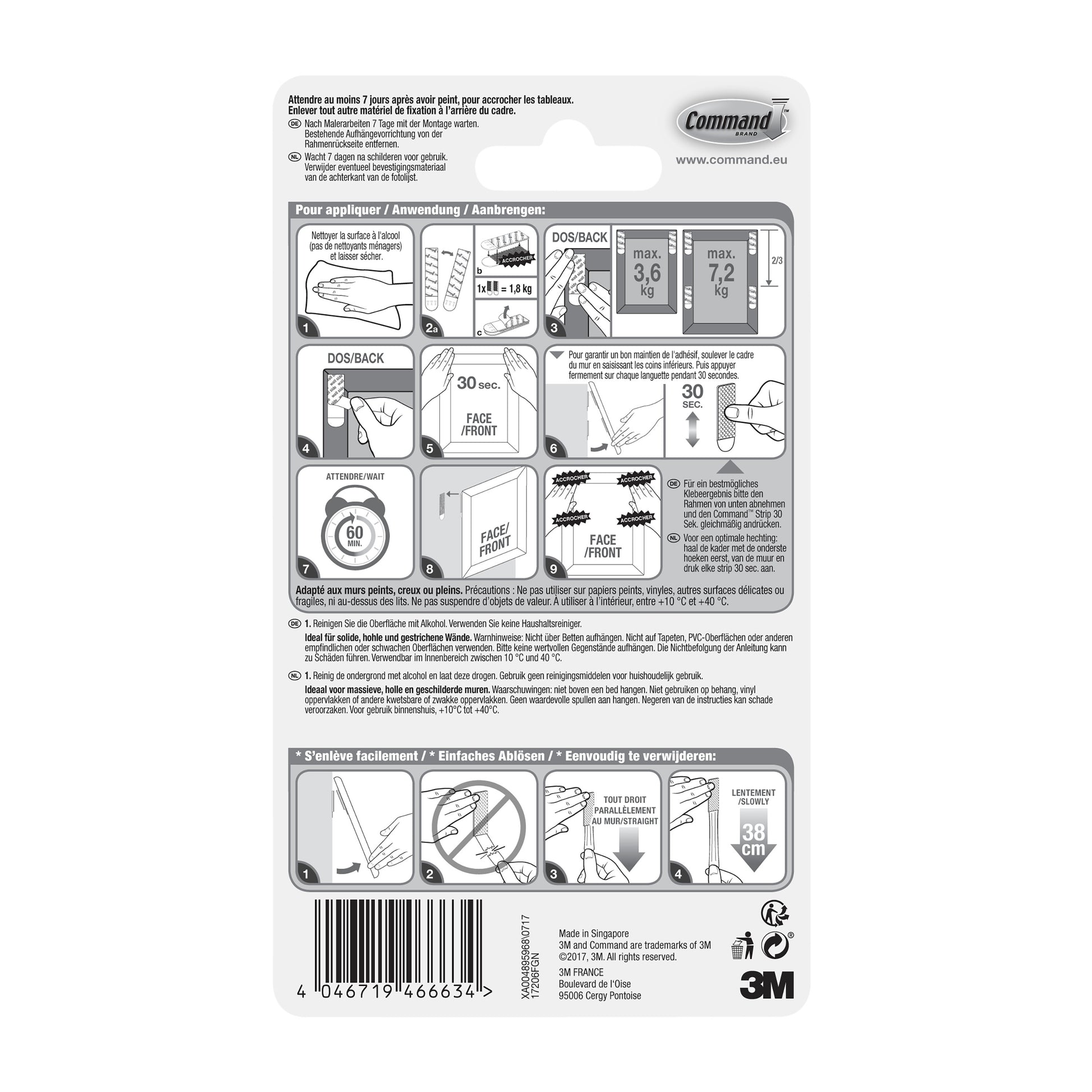Die Rückseite der 3M Deutschland GmbH Command™ Bilder-Montage Strips L 17206, Weiße | Packung (1 Stück) zeigt eine bebilderte Anleitung zum Anbringen/Entfernen der Strips sowie Tipps, Warnhinweise und Informationen in mehreren Sprachen.