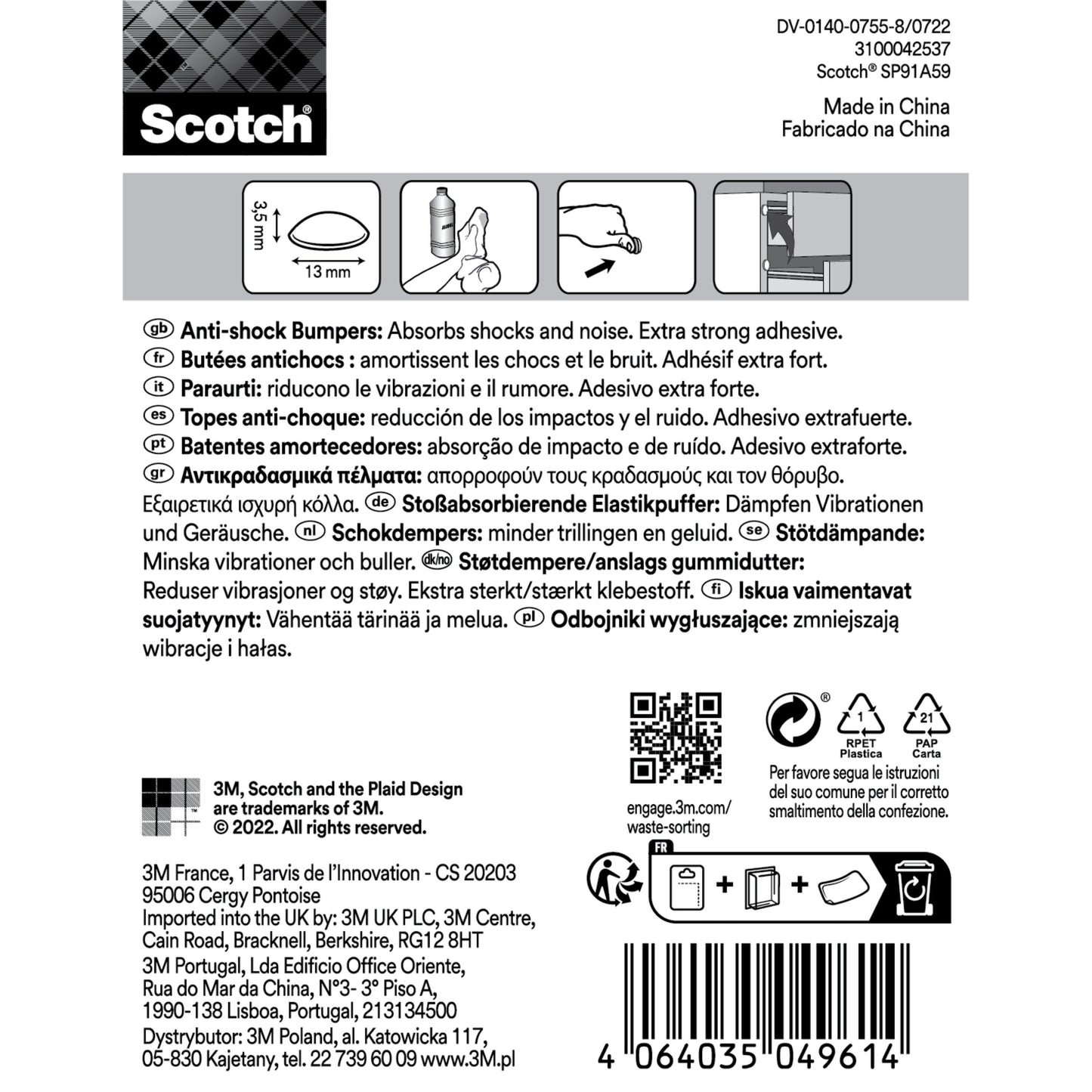 L'etichetta per i tamponi elastici assorbenti Scotch® antiurto, autoadesivi, trasparenti della 3M Deutschland GmbH contiene istruzioni per l'uso, descrizioni multilingue, avvertenze di sicurezza, codice a barre, informazioni sul riciclaggio e dati di produzione in nero su bianco.