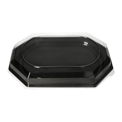 I piatti da portata Starpak 10, PET nero, sono un piatto nero ottagonale con un coperchio trasparente di Starpak - perfetti per eventi di catering e raffigurati su sfondo bianco.