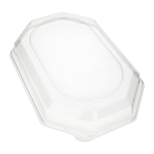 Il coperchio Starpak 10 per piatti da portata, PET trasparente, è un coperchio di plastica ovale e trasparente con bordo rialzato di Starpak. È ideale per mantenere freschi gli alimenti in contenitori adatti ed è raffigurato su sfondo bianco.