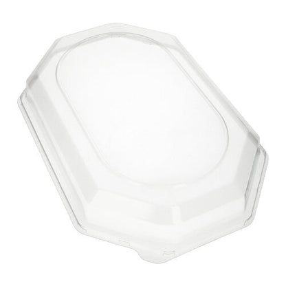 Il coperchio Starpak 10 per piatti da portata, PET trasparente, è un coperchio di plastica ovale e trasparente con bordo rialzato di Starpak. È ideale per mantenere freschi gli alimenti in contenitori adatti ed è raffigurato su sfondo bianco.