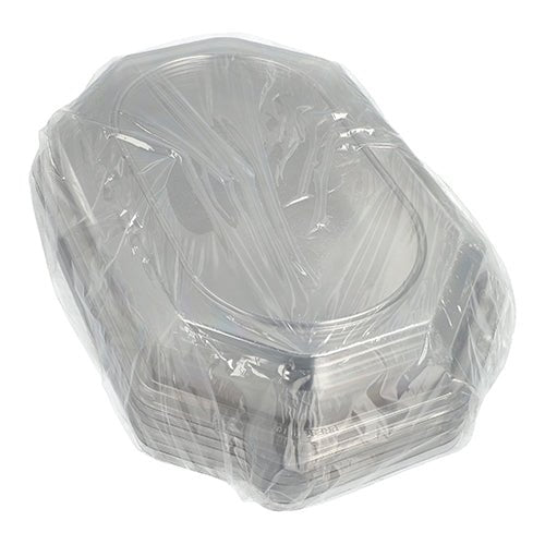 Una pila di coperchi Starpak 10 per piatti da portata, realizzati in plastica PET trasparente, ideale per mantenere freschi gli alimenti.