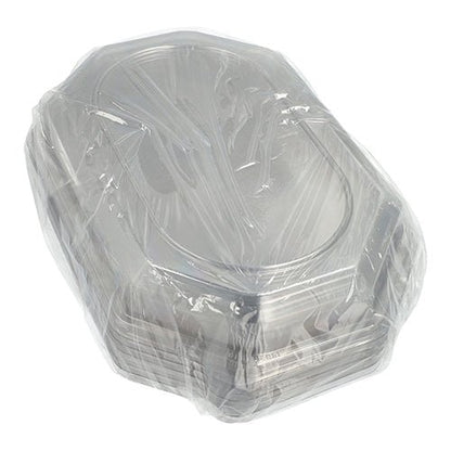Una pila di coperchi Starpak 10 per piatti da portata, realizzati in plastica PET trasparente, ideale per mantenere freschi gli alimenti.