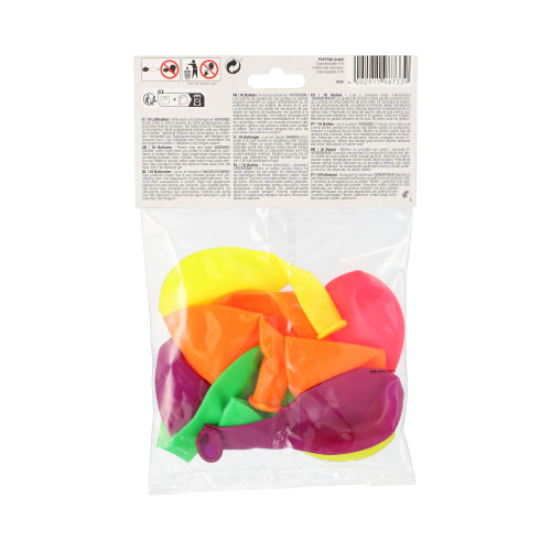 Il sacchetto di plastica trasparente della PAPSTAR GmbH contiene dieci palloncini assortiti per colore (Ø 25 cm) in giallo, arancione, rosa, viola e verde. In alto si trova l'etichetta bianca PAPSTAR con testo e simboli. Materiale di alta qualità per un divertimento duraturo.