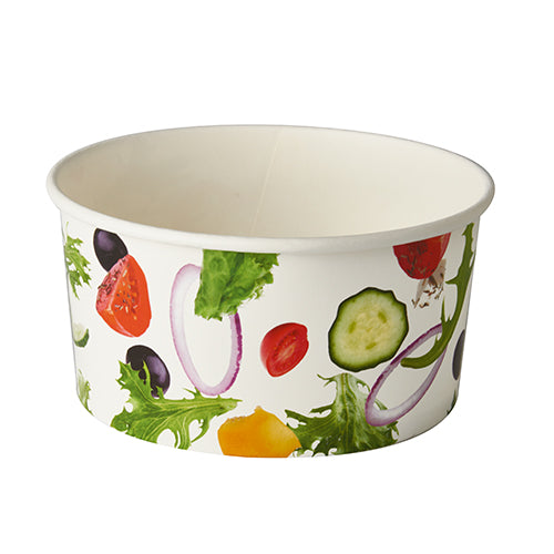 Le ciotole per insalata Starpak 45 "To Go" sono ciotole monouso di cartone bianche con un diametro di 15 cm, con immagini di pomodori, cetrioli, cipolle rosse, insalata e olive stampate all'esterno.