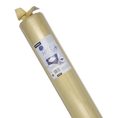 Un rotolo di tovaglia Starpak, simile al tessuto in tessuto non tessuto "soft selection plus" in beige, confezionato saldamente in plastica trasparente con informazioni sul marchio e un'immagine che mostra l'uso. Antiscivolo e durevole, ideale per cassetti o scaffali.