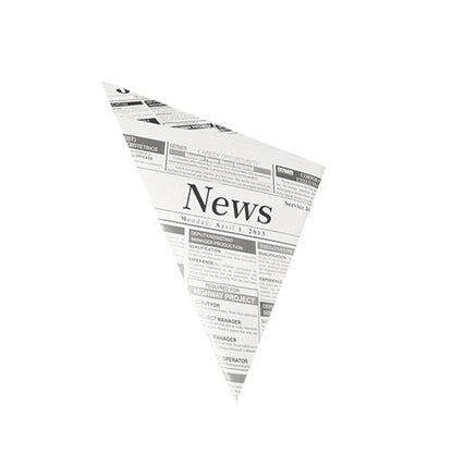 Una triangolare PAPSTAR 1000 sacchetti a punta della PAPSTAR La GmbH presenta una stampa giornalistica in bianco e nero con la scritta «News» nella parte superiore. Questo sostituto della pergamena, resistente al grasso, è ideale come confezione per le patatine fritte nel settore della ristorazione, il tutto su uno sfondo bianco sobrio.