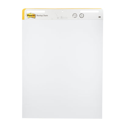 Der Post-it® Super Sticky selbsthaftendes Meeting Chart/Flipchart 559 von 3M Deutschland GmbH hat 30 weiße Blätter pro Block, ist 63,5 x 76,2 cm groß, hat einen gelb-weißen Kopf mit Logo und ist vertikal ausgerichtet für die Wandmontage. Packung mit 2 Blöcken.