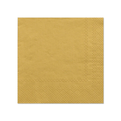 Die PAPSTAR 20 Servietten (25 cm x 25 cm, 3-lagig, 1/4-Falz) der PAPSTAR GmbH verfügen über einen strukturierten Rand und eine elegante Goldfarbe, ideal für stilvolle Tischdekoration; abgebildet auf weißem Hintergrund.