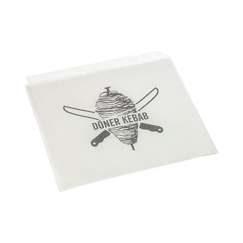 Die PAPSTAR Döner-Kebab-Tüten, Pergament-Ersatz, 16x16 cm, fettdichte Schrumpffolie (1000 Stück) der PAPSTAR GmbH ist eine haltbare, weiße Lebensmittelverpackung mit einem Dönerspieß und gekreuzten Messern sowie dem Text "DÖNER KEBAB".