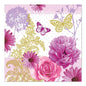 PAPSTAR GmbH 20 tovaglioli, 33 cm x 33 cm, 3-strati, set 5: design con fiori rosa (rosa, peonia, margherita), farfalle dorate/viola e fogliame dorato decorato su sfondo a righe diagonali e pois.