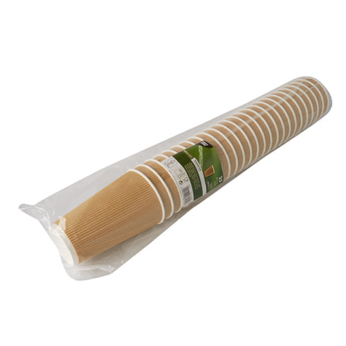 Un pacchetto di 25 bicchieri di cartone "To Go" con Ripple Wall della PAPSTAR GmbH con superficie strutturata, confezionati in plastica trasparente e con un'etichetta del prodotto verde-bianca.