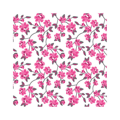 Die PAPSTAR 20 Servietten (25x25 cm, 3-lagig, 1/4-Falz) der PAPSTAR GmbH zeigen ein sich wiederholendes rosa Blumenmuster mit graugrünen Blättern auf weißem Grund – ideal für eine stilvolle Tischdekoration oder den eleganten Servietteneinsatz.