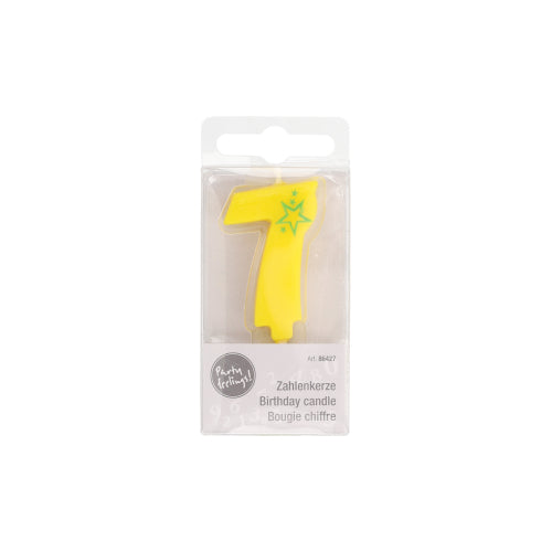 La PAPSTAR candela numerica mini 6,8 cm della PAPSTAR GmbH è un numero 7 giallo con stella verde, ideale per decorare torte di compleanno. È fornita in una scatola di plastica trasparente con la scritta multilingue 'Candela di compleanno'.