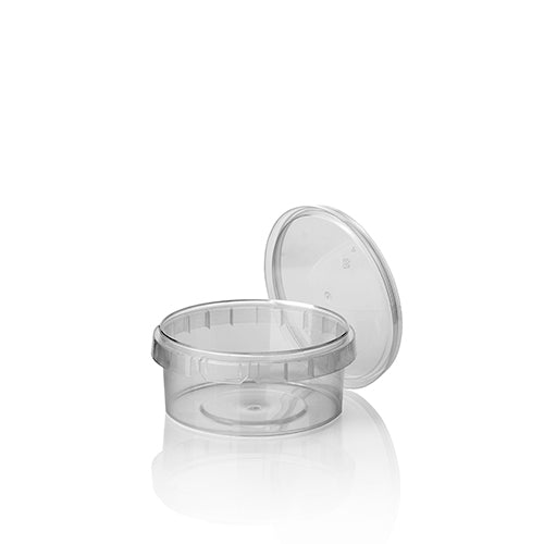 Il bicchiere per gastronomia Starpak 36 è un contenitore PP trasparente e rotondo da 240 ml (Ø 9,5 cm, altezza 5,6 cm) con chiusura di sicurezza e pellicola termoretraibile, raffigurato aperto con il coperchio inclinato lateralmente su sfondo bianco.