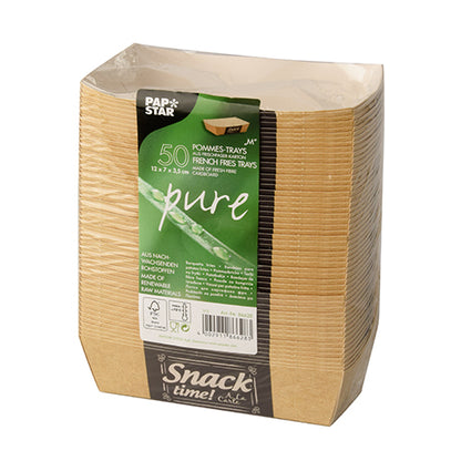 Una pila di 50 vaschette per patatine fritte "pure" (3,5 x 7 cm) della PAPSTAR GmbH, contrassegnate con "Good Food", realizzate con materie prime rinnovabili, biodegradabili, ecologiche - ideali per servire patatine.