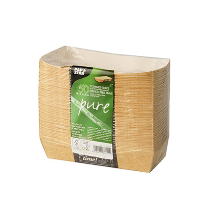 Una pila di 50 vaschette PAPSTAR "pure" Good Food per patatine fritte (3,5 x 7 cm) della PAPSTAR GmbH è avvolta in pellicola e dotata di un'etichetta su cui sono visibili marca, dettagli del prodotto, dimensioni e simboli ambientali.
