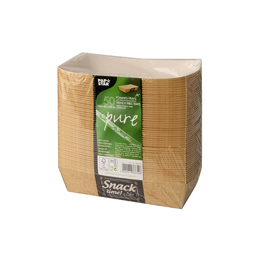 Un pacchetto sigillato con 50 vaschette rettangolari marroni per patatine fritte "pure" "Good Food" della PAPSTAR GmbH, 3,5 x 7 cm, con etichetta ambientale e informazioni sul prodotto.