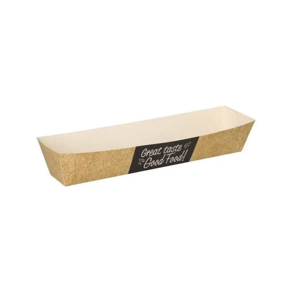 Un vassoio snack rettangolare marrone-bianco PAPSTAR "pure" in cartone con "Good Food!" sul lato, raffigurato vuoto su sfondo bianco - una soluzione ecologica della PAPSTAR GmbH.
